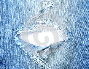 Ripped torn pattern of light blue denim jeans on white background