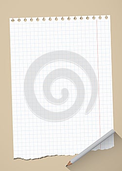 Ripped white grid notebook paper sheet are on brown background with gray wooden pencil