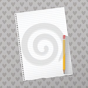 Ripped white notebook, copybook paper sheet, yellow pencil, on gray pattern with hearts