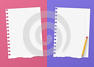 Ripped white ruled and grid notebook paper sheets are on colorful background with yellow pencil