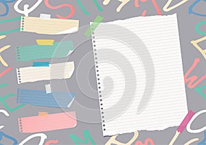 Ripped white ruled note, notebook, copybook paper sheets, strips on pattern created of alphabet letters