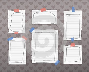 Ripped white ruled notebook, note, copybook paper sheets with doodle frames, stuck on pattern created of heart shapes