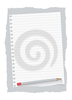 Ripped white ruled notebook paper sheet are on gray background with wooden pencil