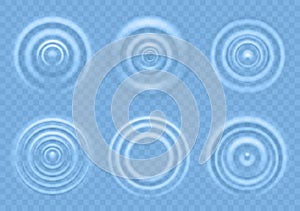 Ripple on blue water. Circular waves of liquid product top view, splash from falling drops, round radial ripples on sea