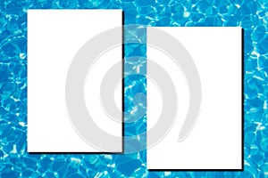 Ripple water texture on blue pool background and two white blank a4 paper sheet with shadow mockup