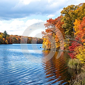 Rippled Lake in Fall - Blue lake with fall colored trees photo