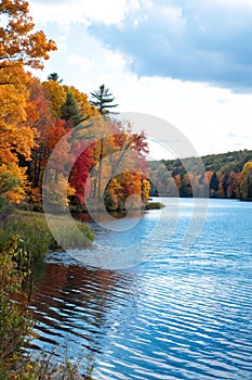 Rippled Lake in Fall - Blue lake with fall colored trees photo