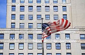 Rippled usa flag in the office city, new york city, usa