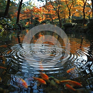 Ripples Across a Koi Pond at a Tranquil Zen Garden The water blurs with movement