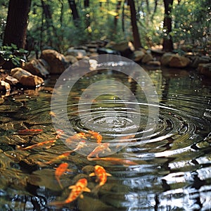 Ripples Across a Koi Pond at a Tranquil Zen Garden The water blurs with movement