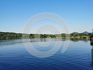 Ripples on blue water surface with trees reflecting in the lake. Clear sky, calm sunset background