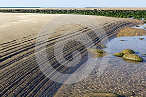 Ripples In The Sand - Pattern Made on Northam Beach by the Outgoing Tide, With Pebbles and Atlantic Ocean.