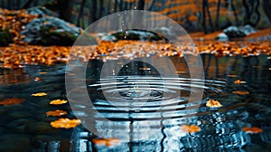 Ripples on a serene pond surface touched by falling autumn leaves