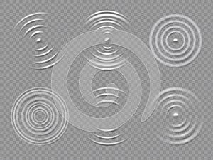 Ripples top view. Realistic water concentric circles and liquid circular waves. Round sound wave splash effects. 3d drop