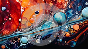 Rippling red energy: large sphere remixes abstract bubbles, oil