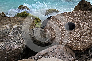 riprap along the coast to help prevent erosion with the ocean in the background. environmental efforts design element photo