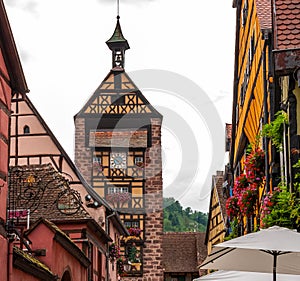 Riquewihr in Alsace, France. Enchanting medieval village. View of the old village within the walls.