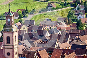 Riquewihr alsatian architecture at springtime with vineyards, Eastern France