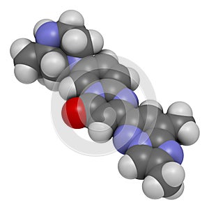 Risdiplam Spinal muscular Atrophy drug molecule. 3D rendering. Atoms are represented as spheres with conventional color coding: