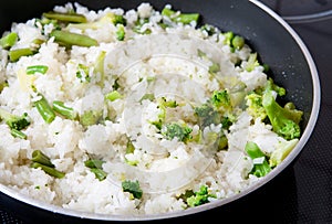 Rise and broccoli on frying pan