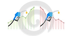 Rise and decline in price of oil market prices. Oil barrels. World inflation. Vector stock illustration.