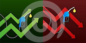 Rise and decline in price of oil market prices. Oil barrels. World inflation. Vector stock illustration.