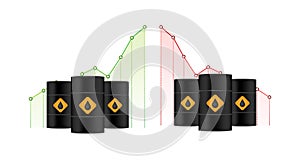 Rise and decline in price of oil market prices. Oil barrels. World inflation. Vector stock illustration.