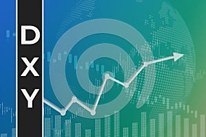 Rise and fall of U. S. Dollar currency index ticker DXY, on blue finance background from graphs, charts, columns, candles,