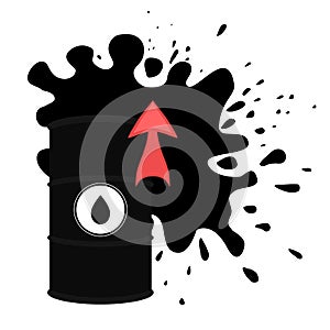 Rise in price of oil market prices. Vector illustration of oil barrel, oil splash and red up arrow. Increasing demand