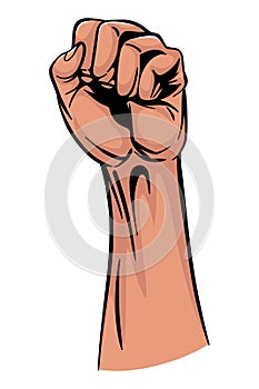 Rised fist hand gesture emblem. Vector hand clenched into fist and rising up, symbol isolated on white background. Power photo
