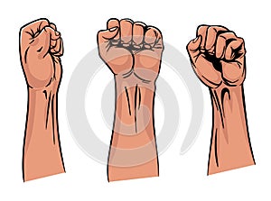 Rised fist hand gesture emblems. Vector hand clenched into fist and rising up, symbols isolated on white background photo