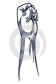 Rised fist hand gesture monochrome drawn emblem. Vector hand clenched into fist and rising up, symbol isolated on white photo