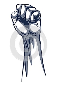 Rised fist hand gesture monochrome drawn emblem. Vector hand clenched into fist and rising up, symbol isolated on white photo