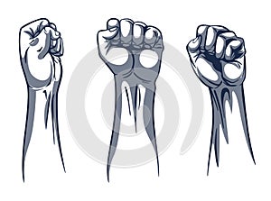 Rised fist hand gesture monochrome drawn emblems. Vector hand clenched into fist and rising up, symbols isolated on photo