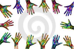 rised up hands painted with watercolors isolated on white background. ready for your logo, text or symbols. The concept of