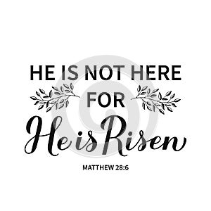 He is risen calligraphy hand lettering. Bible Quote Matthew 28 6 typography poster. Easy to edit vector template for Easter