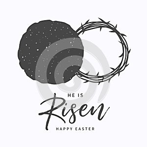 He is risen, Christian banner with open tomb and crown of thorns