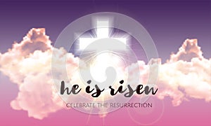 He is risen. Easter banner background with clouds, divine sunlight , crucifixion, cross and sun rise. Vector illustration