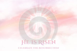 He Is Risen - Easter banner. Christian religious background with dawn heaven and white clouds and shining Cross. Vector photo