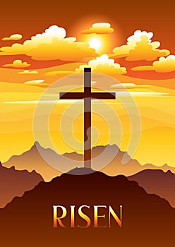 Risen. Easter illustration. Greeting card with cross and clouds.