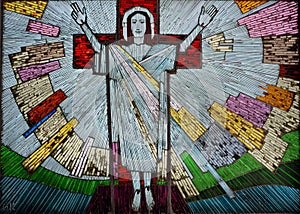 Risen Jesus Christ colorful artwork in glass