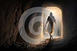 Risen Savior: Digital Art Illustration of Resurrected Jesus Christ Emerging from His Tomb at Dawn