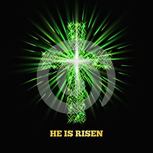 He is risen. Shining cross. Easter background. Vector illustration