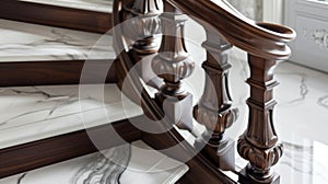 The risers of the marble staircase feature exquisite handcrafted designs incorporating classic motifs such as scrolls