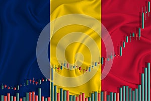 Rising against the backdrop of the Romania flag and stock price fluctuations. Rising stock prices of companies