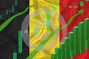 Rising against the background of the flag of Belgium and rising prices for the currency of the country. Rising stock prices of