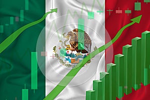 Rising against the background of the flag of Mexico and rising prices for the currency of the country. Rising stock prices of