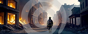 Rising from Ashes, Brave Firefighter Panorama, AI Generated