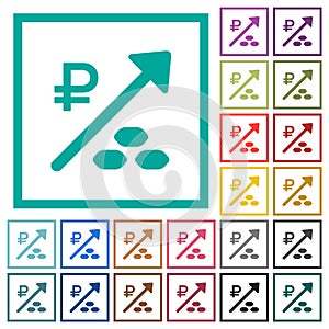 Rising coal energy Russian Ruble prices flat color icons with quadrant frames