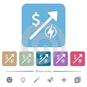 Rising electricity energy american Dollar prices flat icons on color rounded square backgrounds